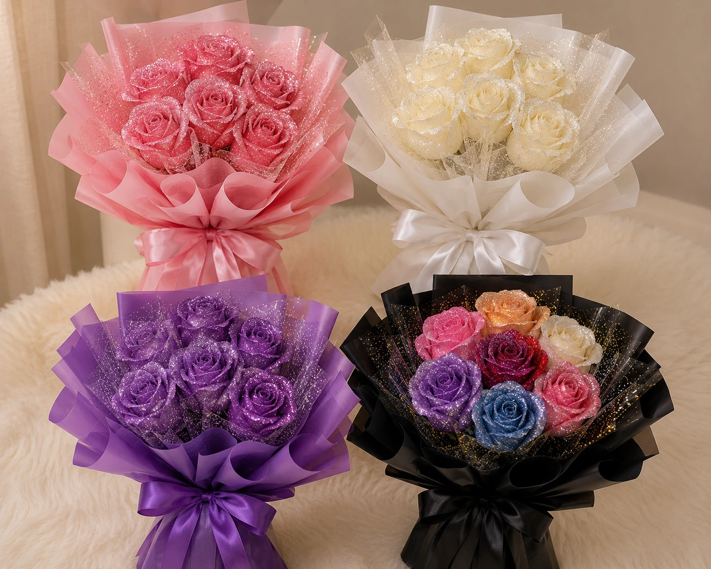 6 Flowers Glitter Ribbon Rose Bouquet – Luxury Handmade Rose Bouquet