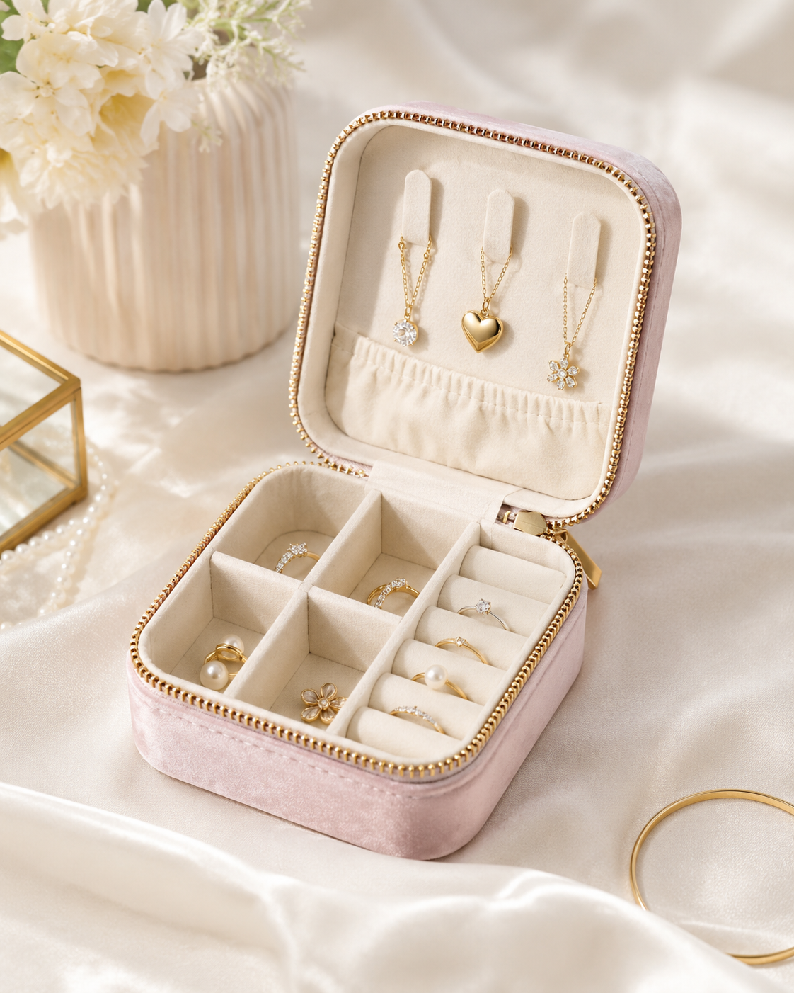 Luxury Portable Travel Jewelry Organizer Box | Compact Zipper Storage Case