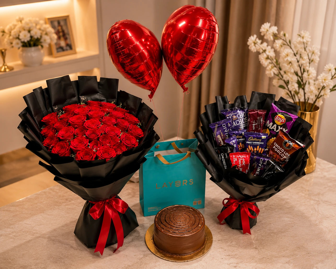 Luxury Birthday Gift Basket for Girlfriend in Pakistan – Roses, Chocolate Bouquet, Cake & Balloons