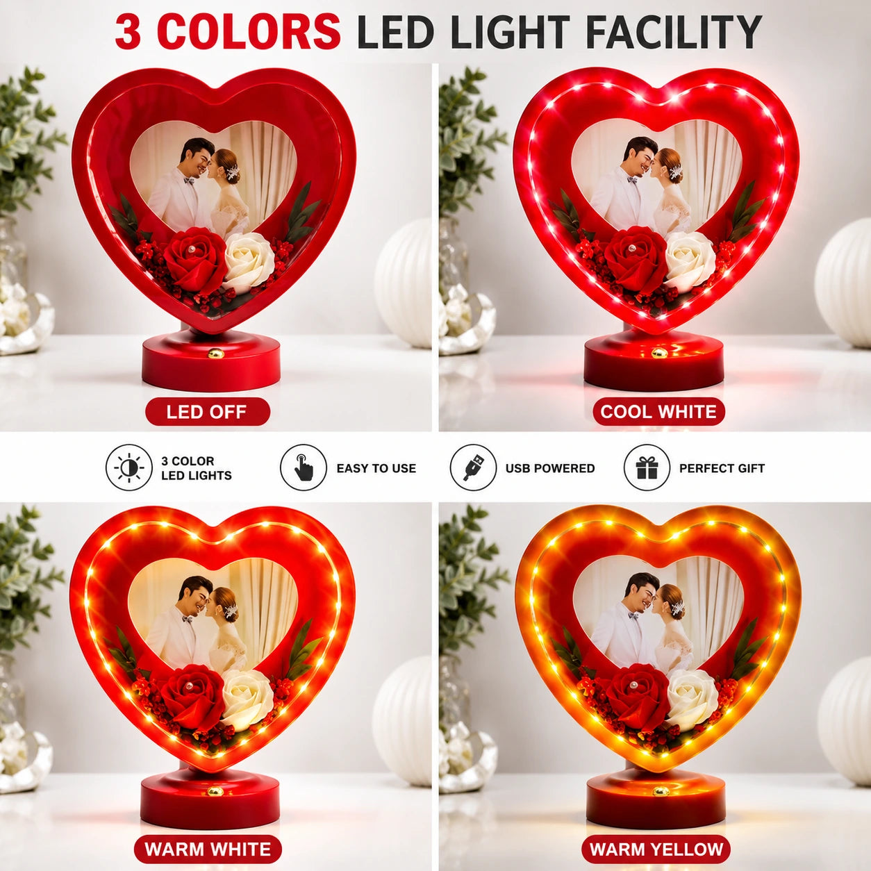 Customized Heart Shape LED Photo Frame Lamp – 3 Color Romantic Couple Photo Frame | Anniversary & Valentine's Gift