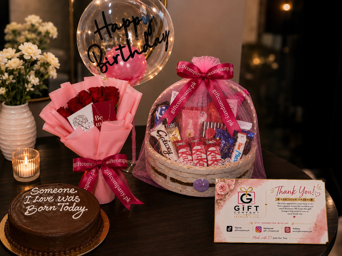 Birthday Gift Basket with Cake, Flowers & Balloon – Premium Surprise Gift for Her in Pakistan