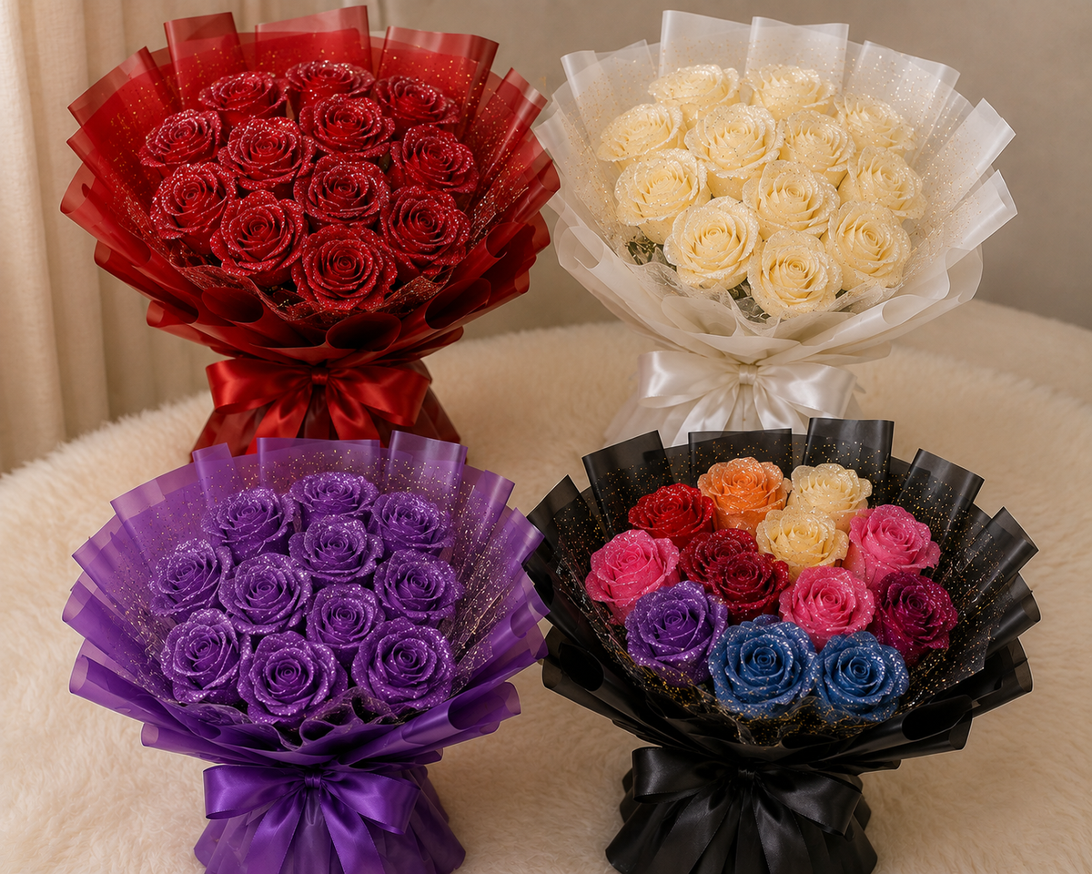 12 Flowers Glitter Ribbon Rose Bouquet – Luxury Handmade Rose Bouquet