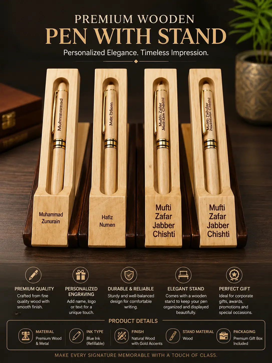 Premium Personalized Wooden Pen with Stand