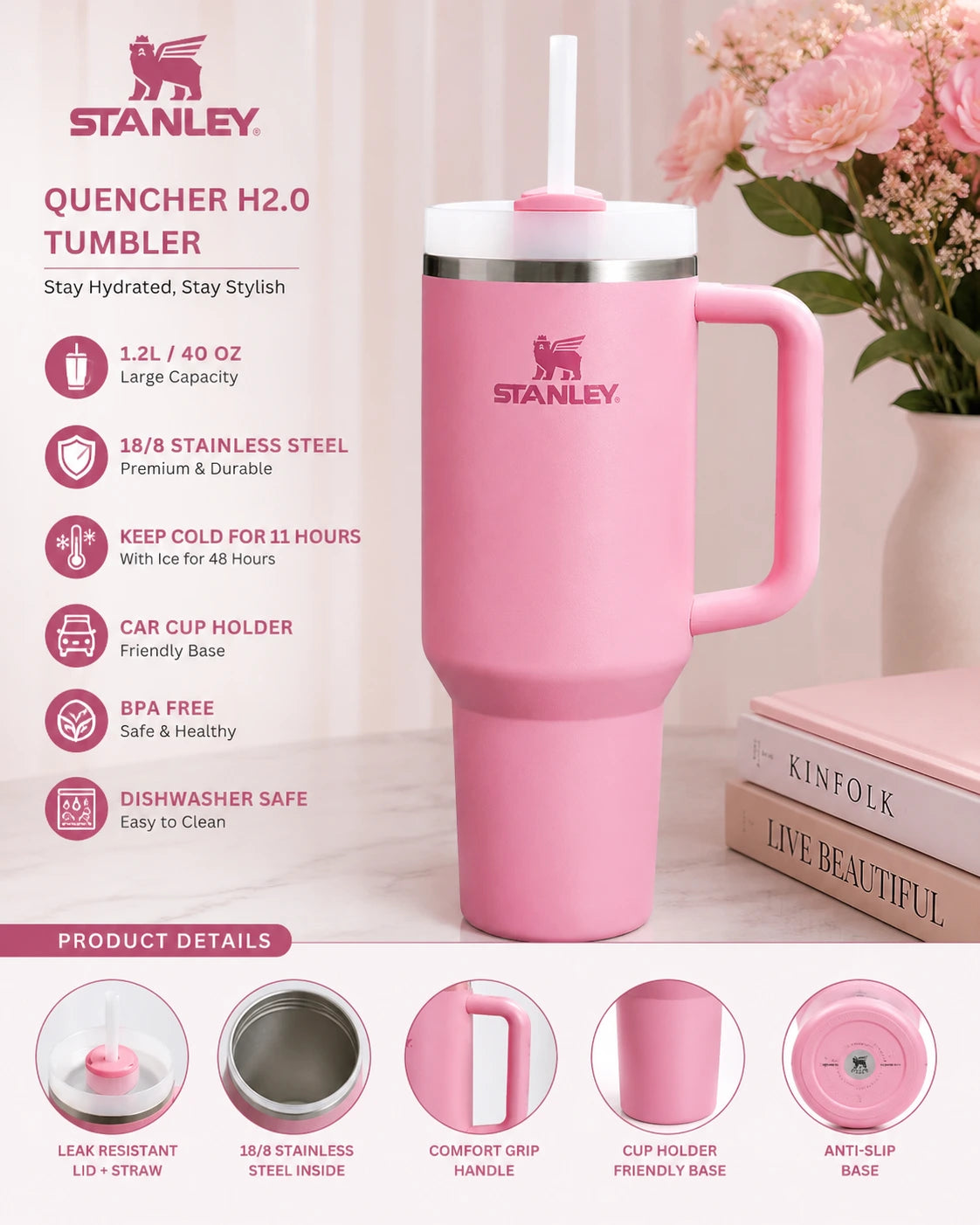 Stanley Stainless Steel Tumbler with Handle & Straw – Pink Insulated Travel Mug