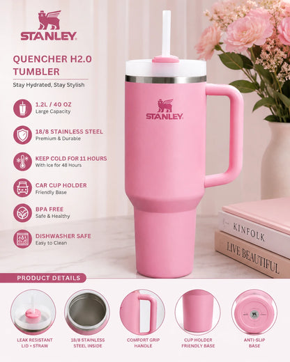 Stanley Stainless Steel Tumbler with Handle & Straw – Pink Insulated Travel Mug