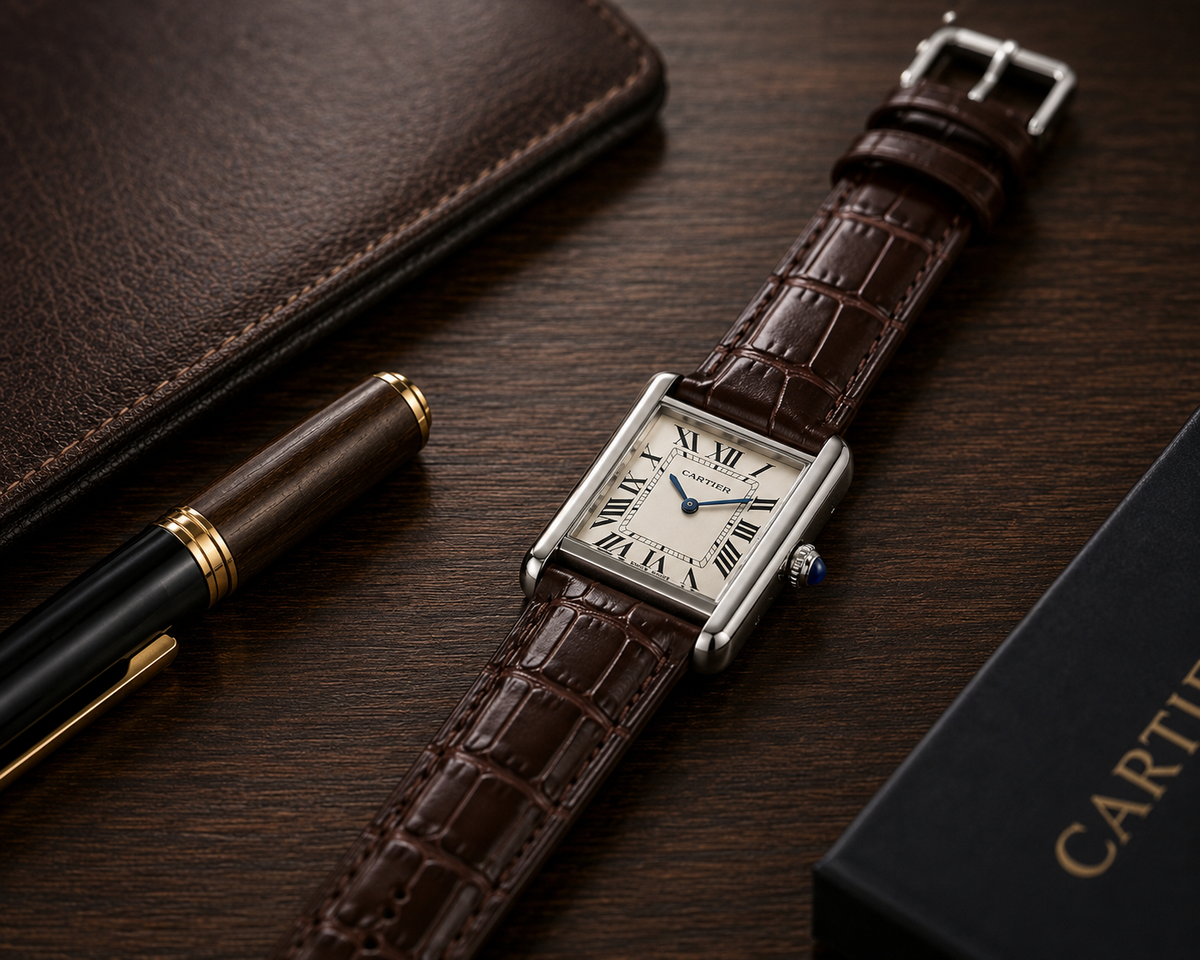 Luxury Men’s Rectangular Watch with Brown Leather Strap