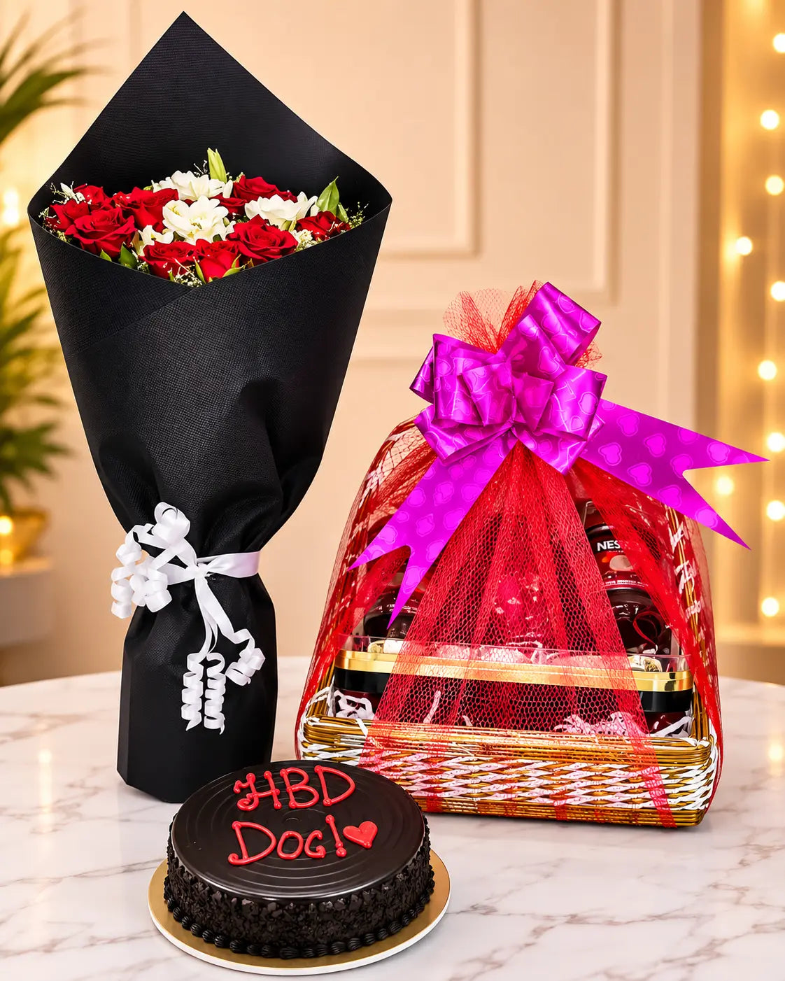 Luxury Birthday Gift Hamper with Fresh Flowers, Chocolate Cake & Heart Balloons | Gift for Him & Her Pakistan