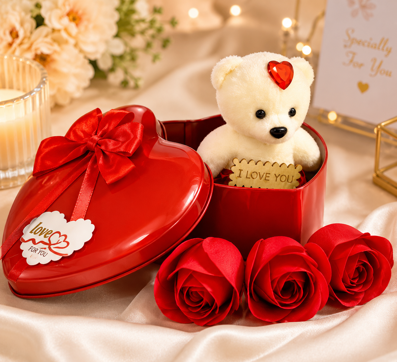 Romantic Heart Gift Box with Teddy & Soap Roses | Luxury Love Gift Set