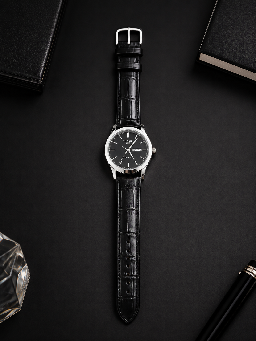 ZUOSITE Men's Luxury Watch-Black Leather Strap Quartz Wrist Watch with Day Date