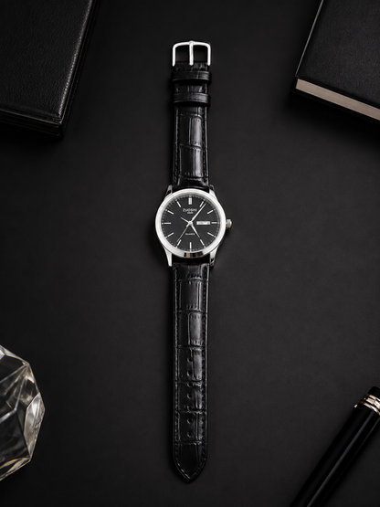 ZUOSITE Men's Luxury Watch-Black Leather Strap Quartz Wrist Watch with Day Date