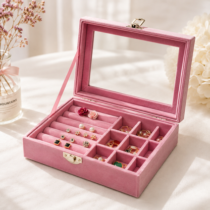 Luxury Velvet Jewelry Organizer Box with Glass Lid | Premium Ring & Earring Storage Case