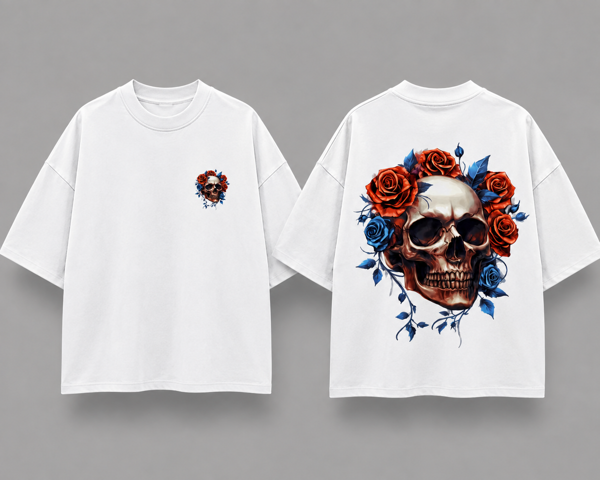 Skull Rose Oversized T-Shirt Pakistan - Gothic Drop Shoulder