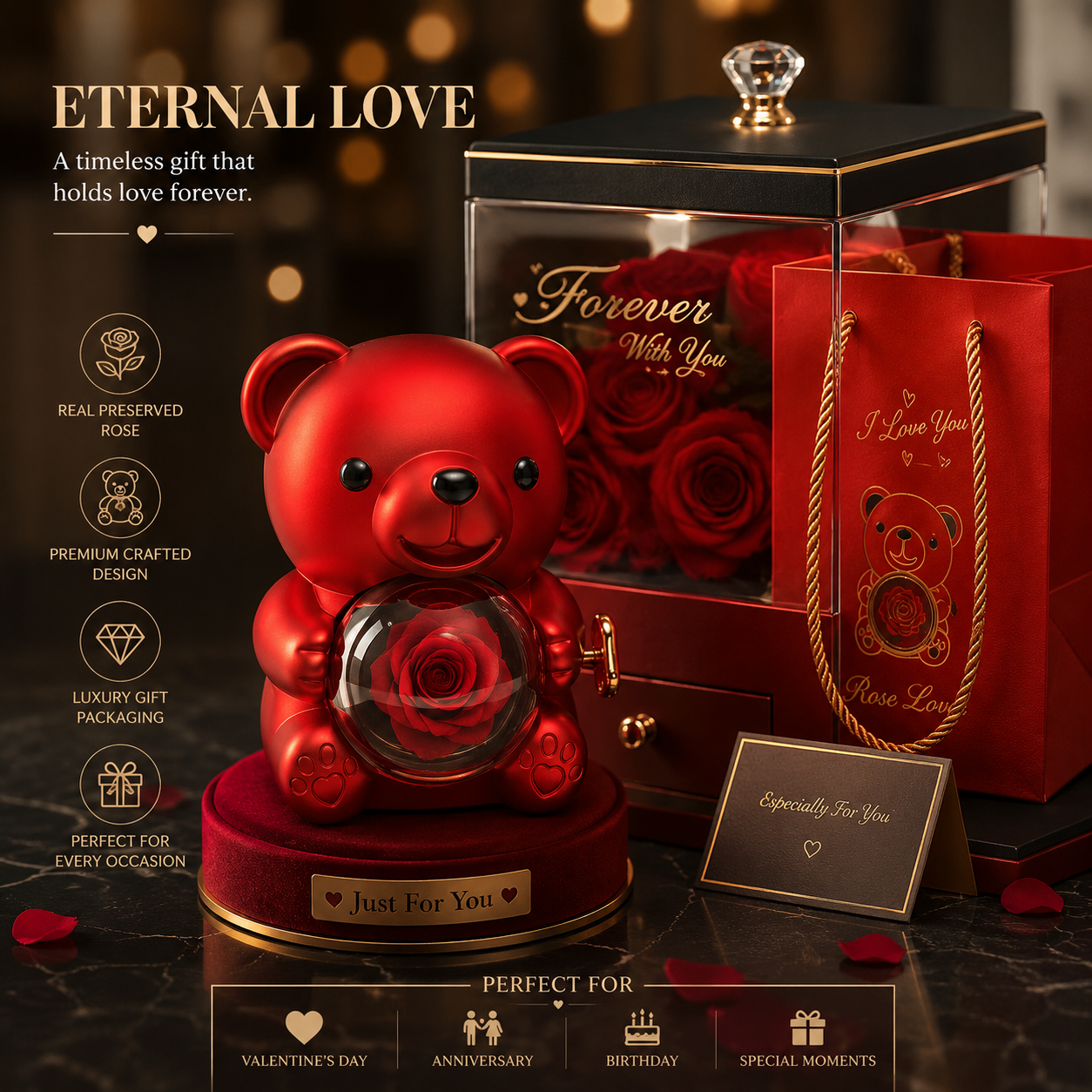 Forever Bloom Rose Teddy Bear | Luxury Romantic Gift for Her