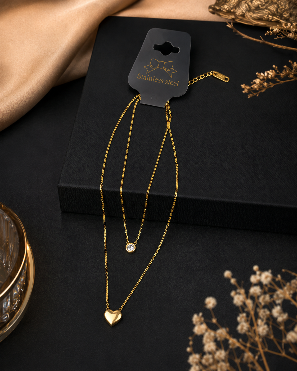 Gold Heart Necklace for Women - Layered Stainless Steel Pendant Necklace