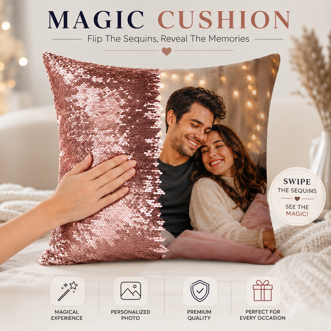 Personalized Magic Sequin Cushion | Custom Photo Reveal Pillow | Premium Gift Cushion