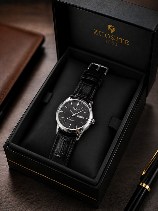 ZUOSITE Men's Luxury Watch | Black Leather Strap Quartz Wrist Watch with Day Date  