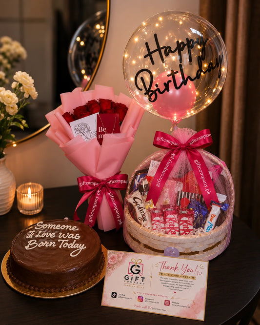 Birthday Gift Basket with Cake, Flowers & Balloon