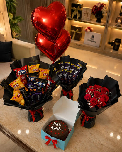 Luxury Birthday Gift Combo for Her  Chocolate Bouquet, Snack Bouquet, Red Roses, Cake & Heart Balloons