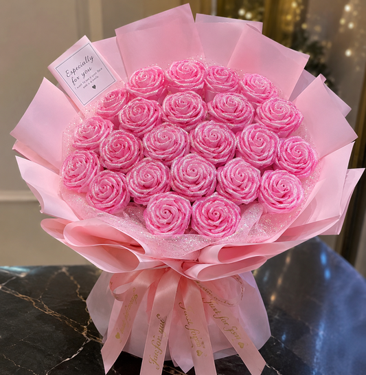 24 Roses Ribbon Bouquet with Glitter – Handmade Artificial Flower Bouquet for Birthday, Anniversary, Valentine’s Day & Romantic Gifts