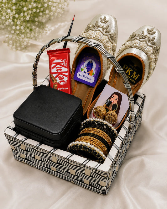 Eid Gift Basket for Women – Luxury Eid Mubarak Gift Hamper with Khussa, Bangles, Jhumka & Chocolate