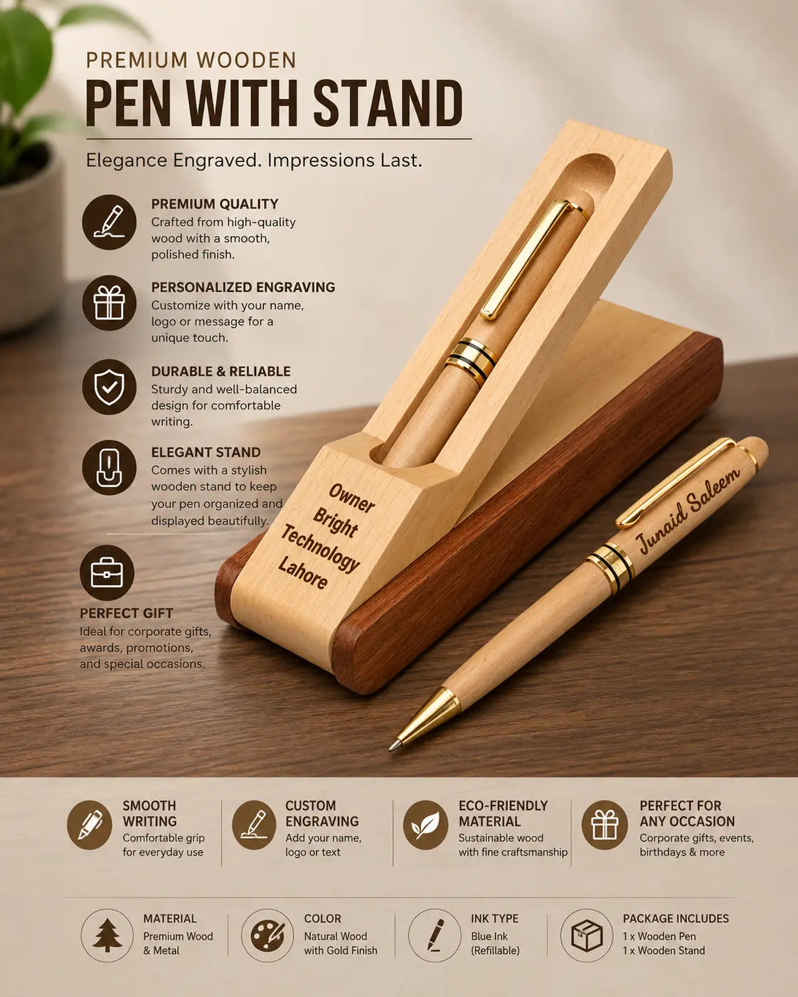 Premium Personalized Wooden Pen with Stand