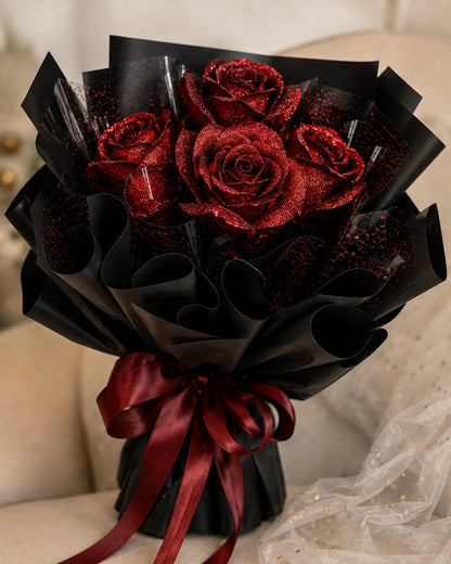6 Flowers Glitter Ribbon Rose Bouquet – Luxury Handmade Rose Bouquet