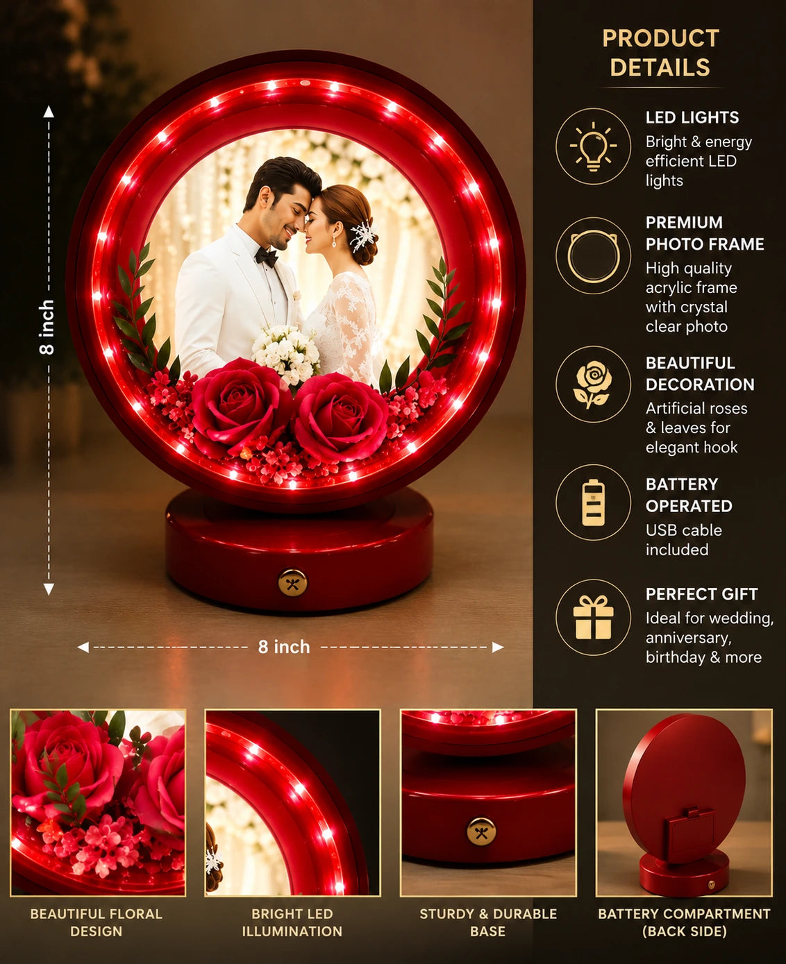 Personalized Round Shape LED Photo Frame Lamp – Custom Couple Picture Night Light | Romantic Anniversary & Wedding Gift