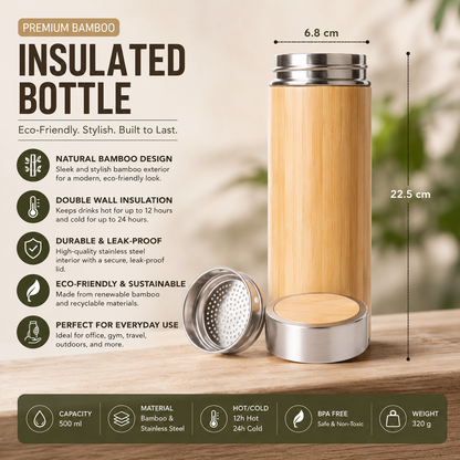 Premium Bamboo Insulated Water Bottle with Stainless Steel Tea Infuser