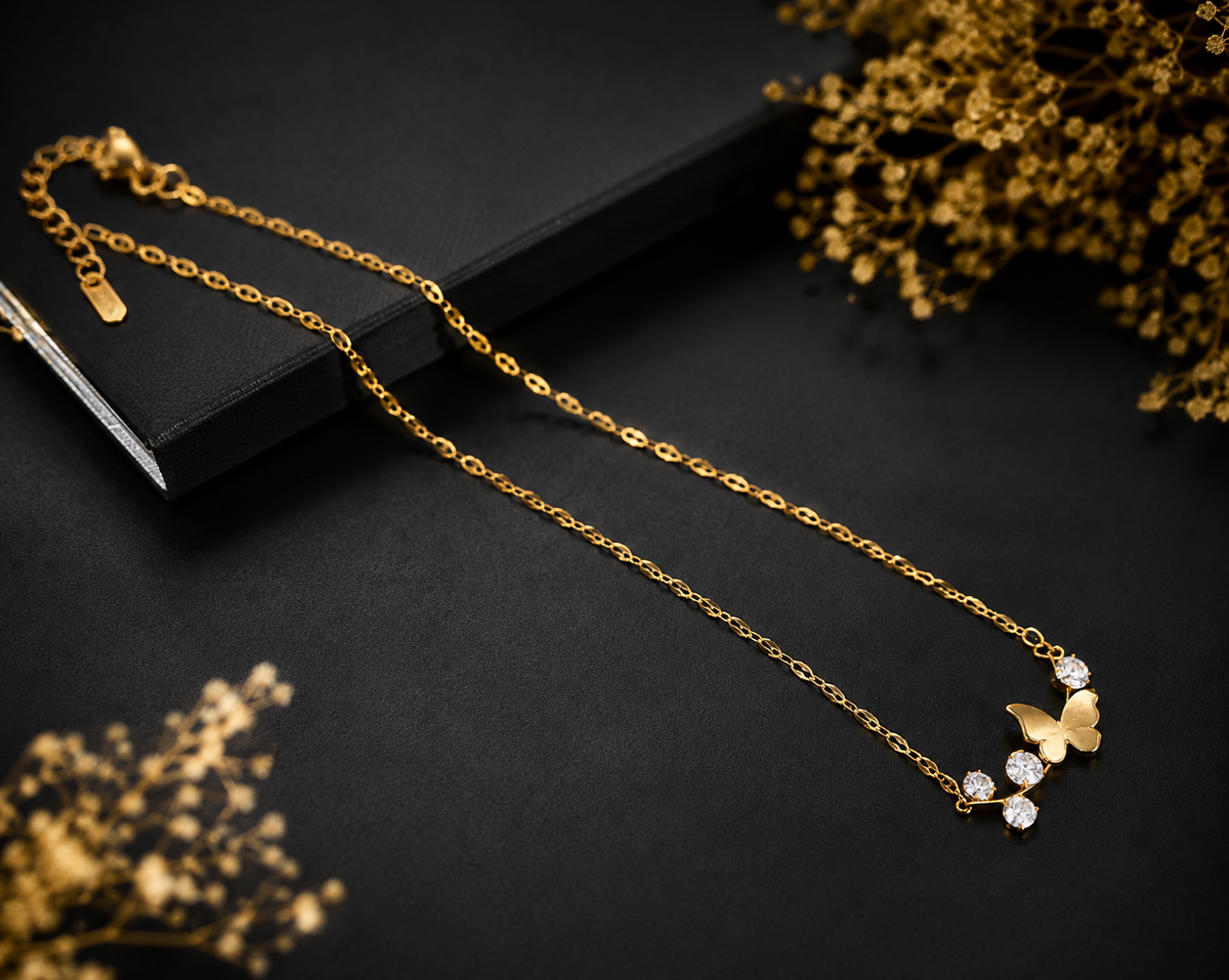 Elegant Gold Butterfly Necklace for Women | Crystal Pendant Chain Jewelry