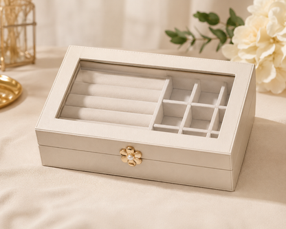 Luxury Velvet Jewelry Organizer Box with Glass Lid | Premium Ring & Earring Storage Case