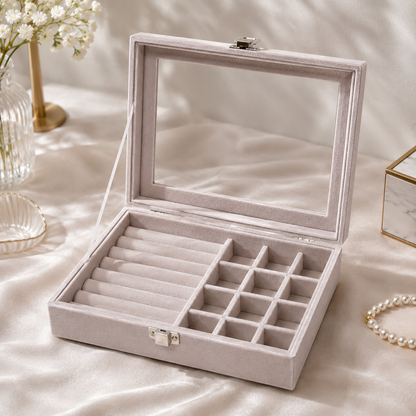 Luxury Velvet Jewelry Organizer Box with Glass Lid | Premium Ring & Earring Storage Case