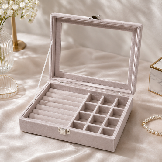 Luxury Velvet Jewelry Organizer Box with Glass Lid | Premium Ring & Earring Storage Case