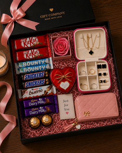 Luxury Girls Gift Box – Jewelry Set, Wallet & Chocolate Hamper