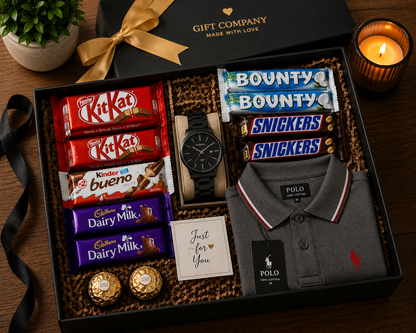 Luxury Men's Gift Box – Polo T-Shirt, Watch & Chocolate Hamper