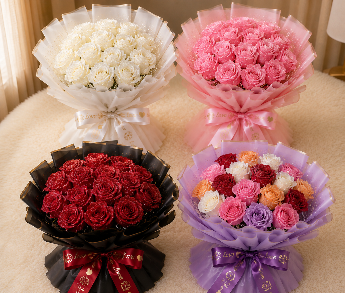 18 Flowers Glitter Ribbon Rose Bouquet– Luxury Handmade Rose Bouquet