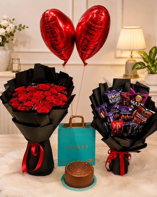 Luxury Birthday Gift  – Roses, Chocolate Bouquet, Cake & Balloons