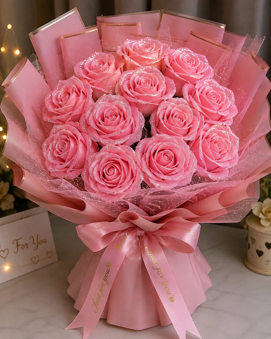 12 Flowers Glitter Ribbon Rose Bouquet – Luxury Handmade Rose Bouquet Gift for Birthday, Anniversary, Valentine's Day & Wedding | GiftCompany.pk