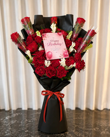 Luxury Red Rose Birthday Bouquet with Greeting Card – Premium Flower Gift for Her