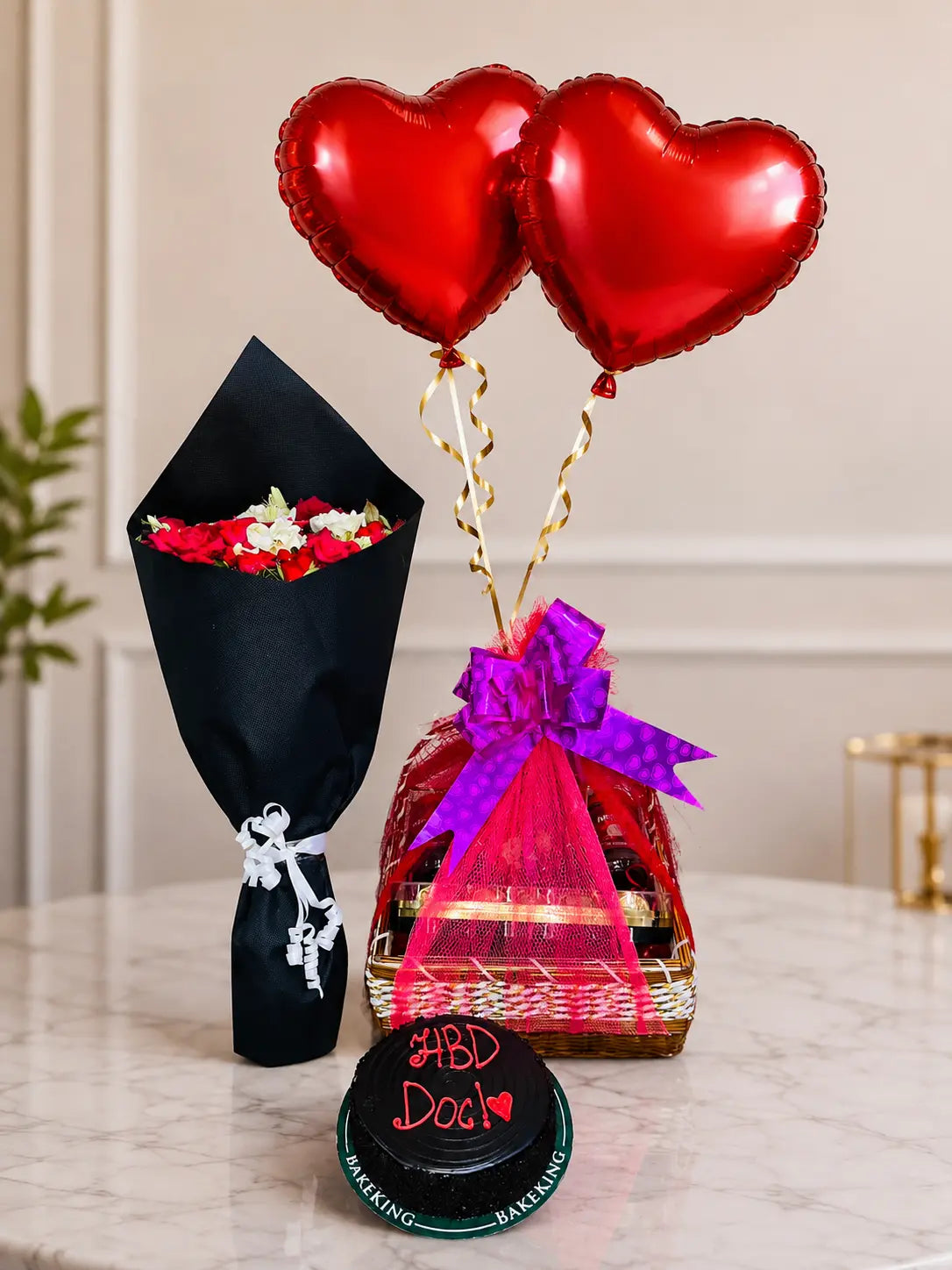 Luxury Birthday Gift Hamper with Fresh Flowers, Chocolate Cake & Heart Balloons | Gift for Him & Her Pakistan